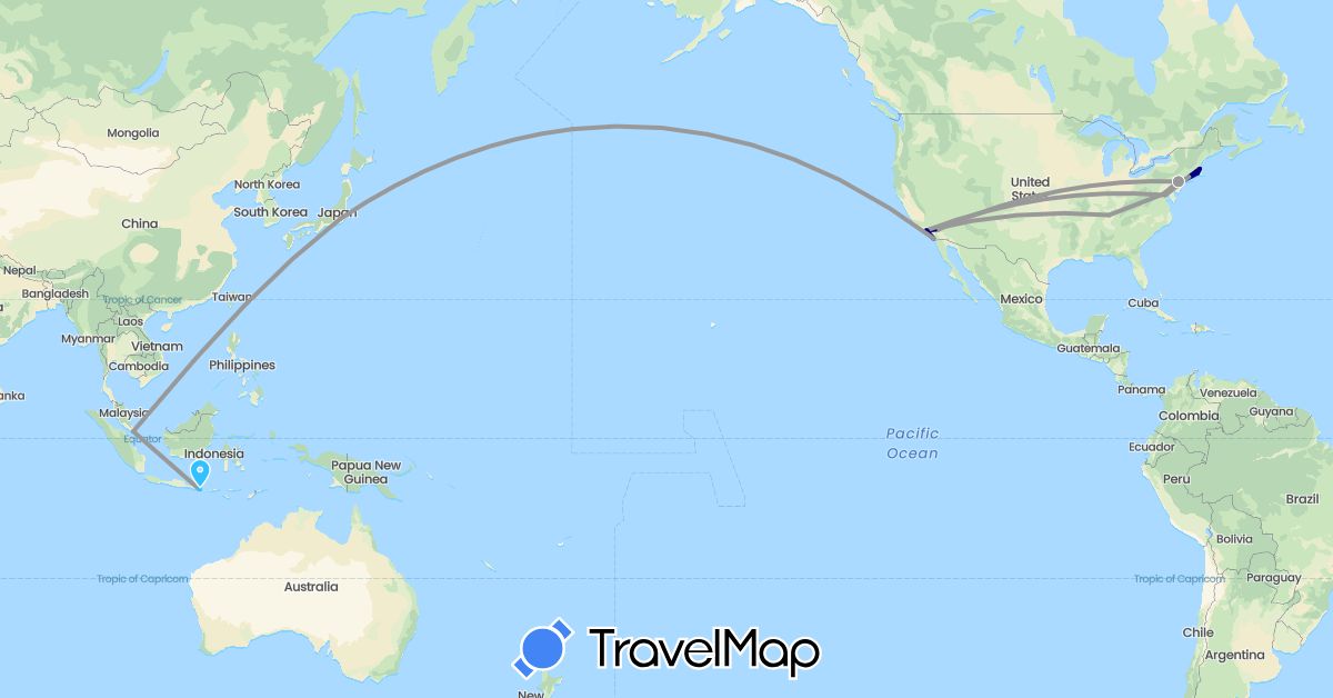 TravelMap itinerary: driving, plane, boat in Indonesia, Japan, Singapore, United States (Asia, North America)